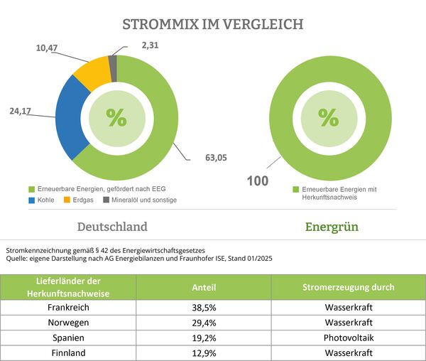 Deutscher Strommix 2024: 63,05% erneuerbare Energien, 24,17% Kohle, 10,47% Erdgas, 2,31% Mineralöl und sonstige, Lünestrom Strommix: 100% Erneuerbare Energien mit Herkunftsnachweis
