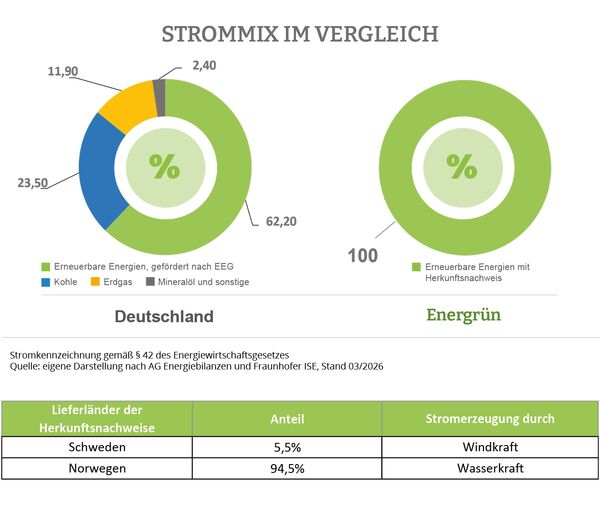 Deutscher Strommix 2025: 62,2% erneuerbare Energien, 23,5% Kohle, 11,9% Erdgas, 2,4% Mineralöl und sonstige, Energrün Strommix: 100% Erneuerbare Energien mit Herkunftsnachweis